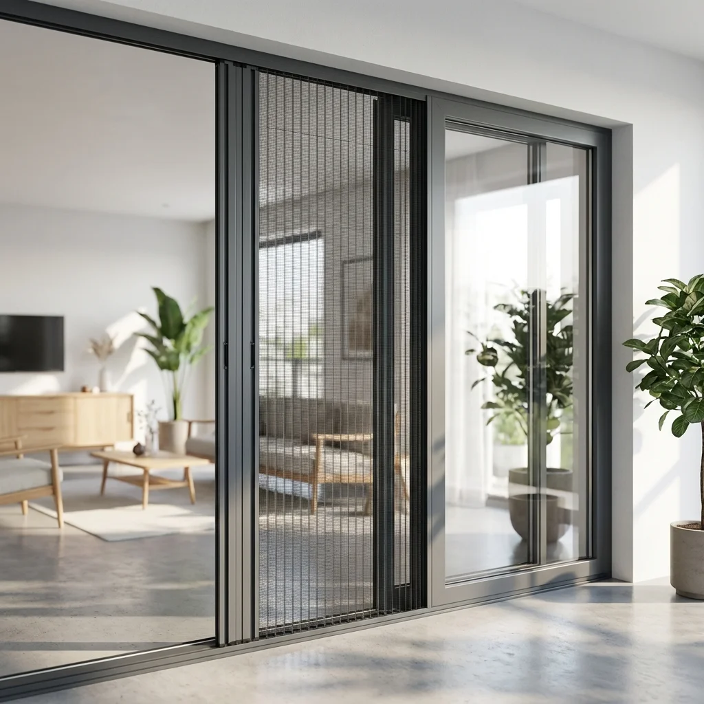 Cam balkon girişi plise sineklik sistemi açık durumda